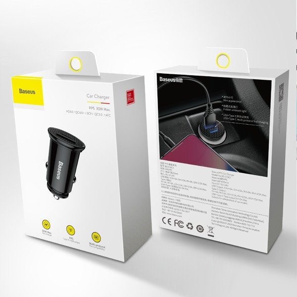 Baseus Circular Plastic | Ładowarka samochodowa USB-A Type-C USB-C PD 30W QC 3.0 SCP 5A