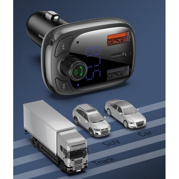 Baseus T typed PPS  | Transmiter FM bluetooth MP3 ładowarka samochodowa 2x USB + USB-C QC 3.0 PD 3.0 Huawei SCP 5A CCMT000101