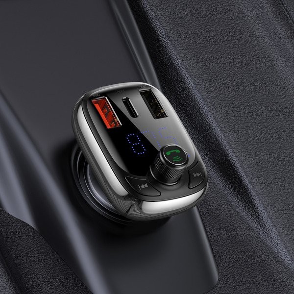 Baseus T typed PPS  | Transmiter FM bluetooth MP3 ładowarka samochodowa 2x USB + USB-C QC 3.0 PD 3.0 Huawei SCP 5A CCMT000101
