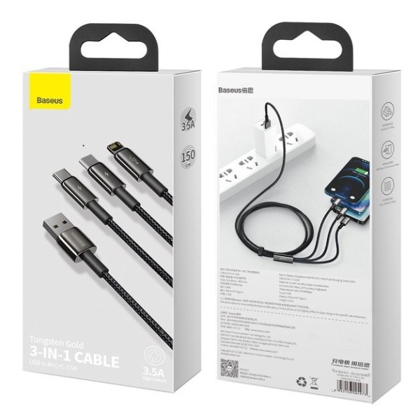 Baseus Thungsten Gold | Kabel 3w1 USB - Micro USB-C Lightning do iPhone 3.5A 