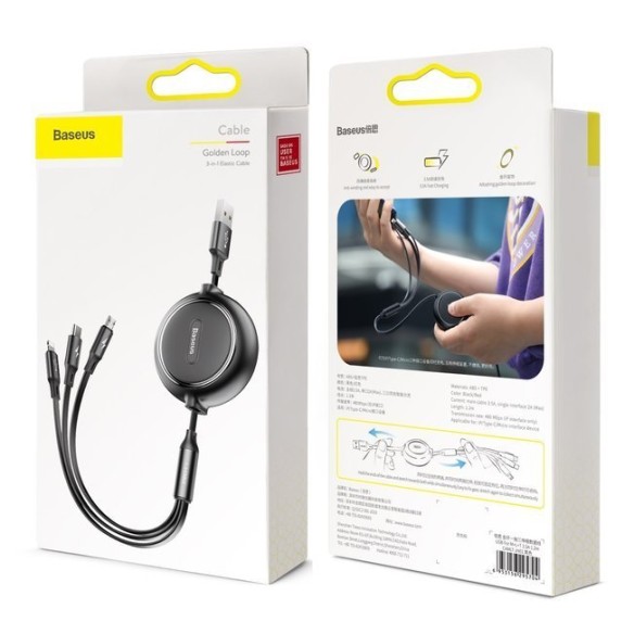 Baseus Golden Loop | Kabel 3w1 USB - Lightning Micro USB USB-C z regulacją długości
