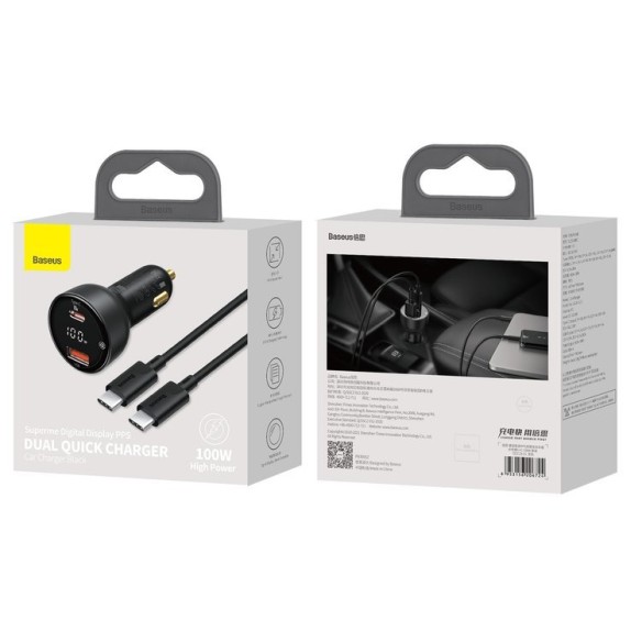 Baseus Superme | Szybka ładowarka samochodowa 100W USB-C USB z kablem USB-C