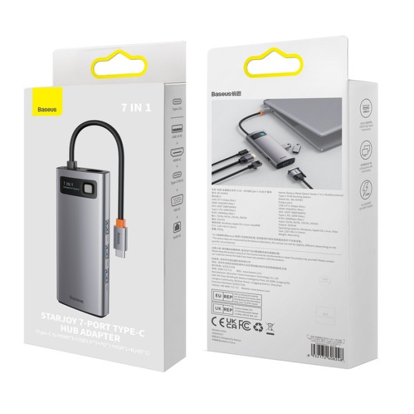 Baseus Metal Gleam 7w1 | Adapter HUB USB-C do 3x USB3.0, VGA, HDMI 4K, RJ45 100W PD 