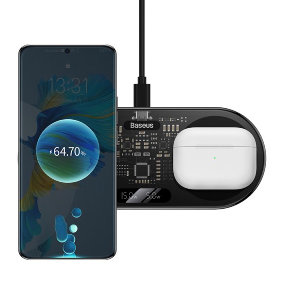Baseus Digital LED Display 2in1 | Ładowarka indukcyjna 2w1 bezprzewodowa Qi 20W do telefonu, słuchawek