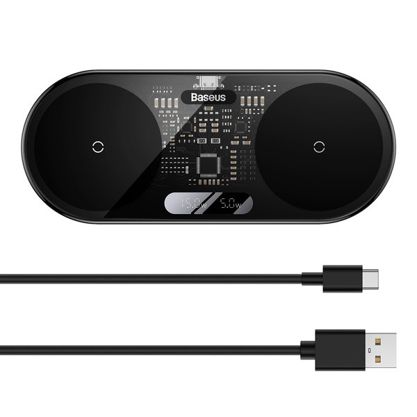 Baseus Digital LED Display 2in1 | Ładowarka indukcyjna 2w1 bezprzewodowa Qi 20W do telefonu, słuchawek