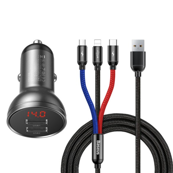 Baseus Digital Display | Szybka ładowarka samochodowa 2xUSB 4.8A 24W LCD + kabel 3w1