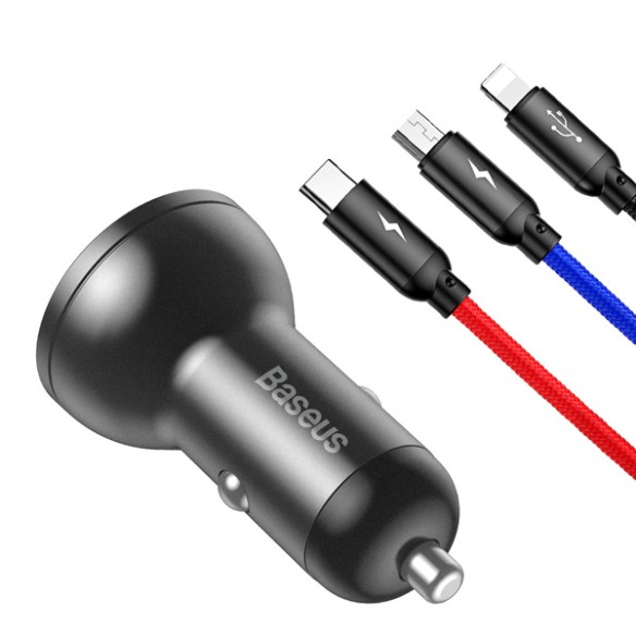 Baseus Digital Display | Szybka ładowarka samochodowa 2xUSB 4.8A 24W LCD + kabel 3w1