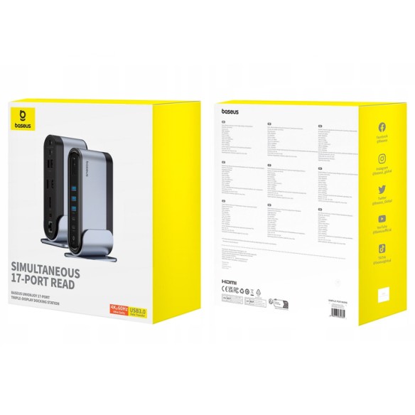 Baseus UnionJoy | Adapter HUB Type-C 17w1 2x HDMI DP 3x USB3.0 RJ45 4xType-C SD/TF AUX 100W
