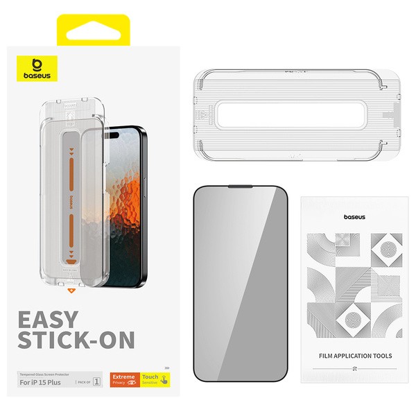 Baseus Sapphire P60057505203-02 | Szkło hartowane prywatyzujące ochronne pełne 9H do Apple iPhone 15 Plus + aplikator