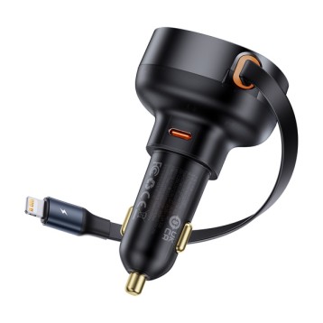 Baseus Enjoyment Retractable Pro | Ładowarka samochodowa z kablem Lightning i portem Typ-C QC PD AFC 55W