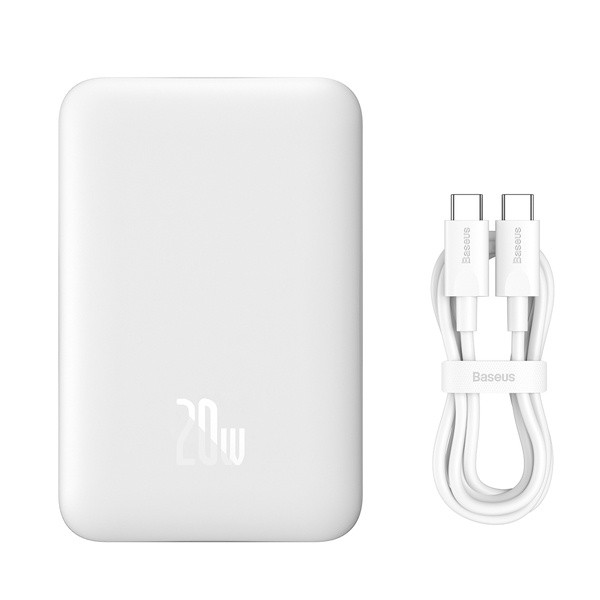 Baseus Magnetic Mini Wireless Fast Charge Power Bank 10000mAh 20W White（With Baseus Simple wiring Type-C to Type-C 60W（20V/3A）30