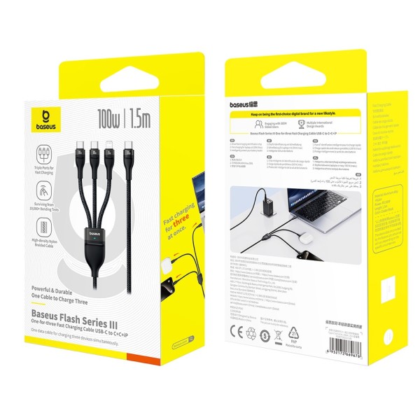 Baseus Flash Series 3 One-for-three Fast Charging Cable Type-C to C+C+L 100W 1.5m Cluster Black