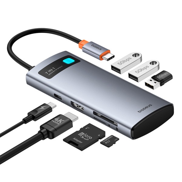 Baseus Metal Gleam Series 7-Port | HUB Adapter Przejściówka 7w1 USB-C do HDMI, 3x USB3.0, SD, TF, PD 100W