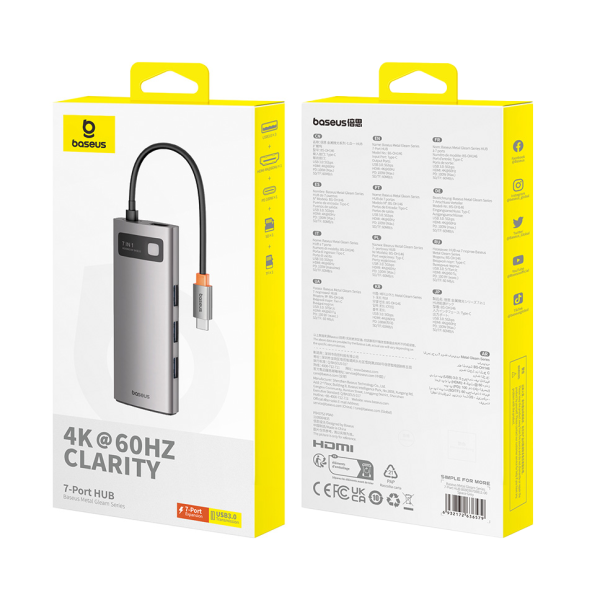 Baseus Metal Gleam Series 7-Port | HUB Adapter Przejściówka 7w1 USB-C do HDMI, 3x USB3.0, SD, TF, PD 100W