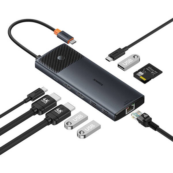 Baseus Metal Gleam II 10w1 | Adapter HUB 10w1 USB-C do 2x HDMI, RJ45, USB-C3.2, USB-A3.2, 2x USB-A2.0, SD/TF, Typ-C 100W