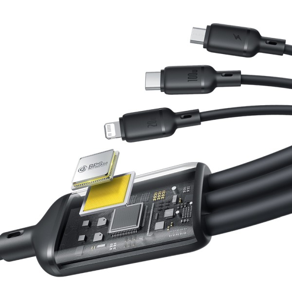 OS-Baseus Silky One-for-Three Kabel 3w1 USB-C to M+L+C 100W 1.5m Cosmic Black