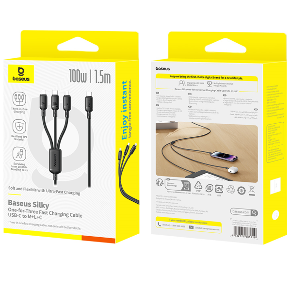 OS-Baseus Silky One-for-Three Kabel 3w1 USB-C to M+L+C 100W 1.5m Cosmic Black