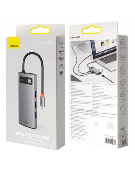Baseus Metal Gleam Series 6-in-1 | Adapter HUB USB-C - HDMI 4K 3x USB3.0 USB-C RJ45 PD 100W