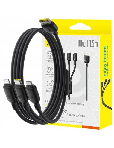 Baseus Silky One-for-Three Kabel Do Szybkiego Ładowania USB-A to M+L+C 100W 1.5m