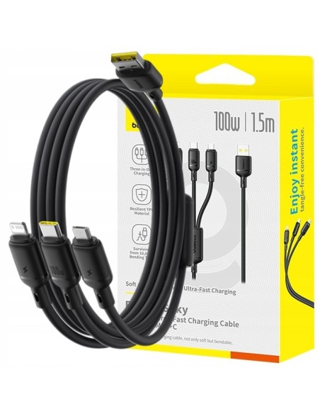 Baseus Silky One-for-Three Kabel Do Szybkiego Ładowania USB-A to M+L+C 100W 1.5m