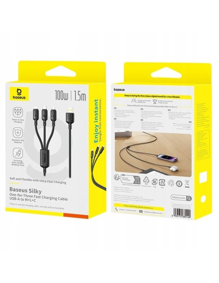Baseus Silky One-for-Three Kabel Do Szybkiego Ładowania USB-A to M+L+C 100W 1.5m