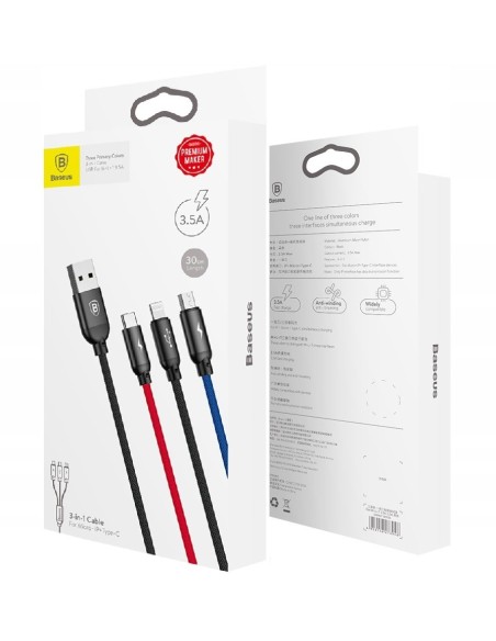 Baseus Three Primary Colors | Nylonowy kabel 3w1 USB - Lightning Micro Type-C 3.5A 30cm