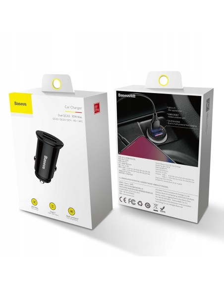 Baseus Circular Plastic A+A 30W |  Ładowarka samochodowa 2x USB Quick Charge 3.0 Huawei SCP 5A LED