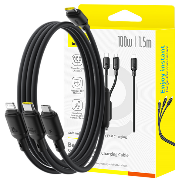 OS-Baseus Silky One-for-Three Kabel 3w1 USB-C to M+L+C 100W 1.5m Cosmic Black