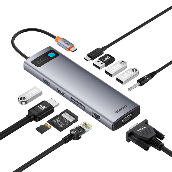 Baseus Metal Gleam 11w1 | Adapter HUB 11w1 USB-C do HDMI, VGA, RJ45, 3x USB 3.0, USB 2.0, SD/TF, USB-C 100W PD, Audio Mini Jack 3.5mm